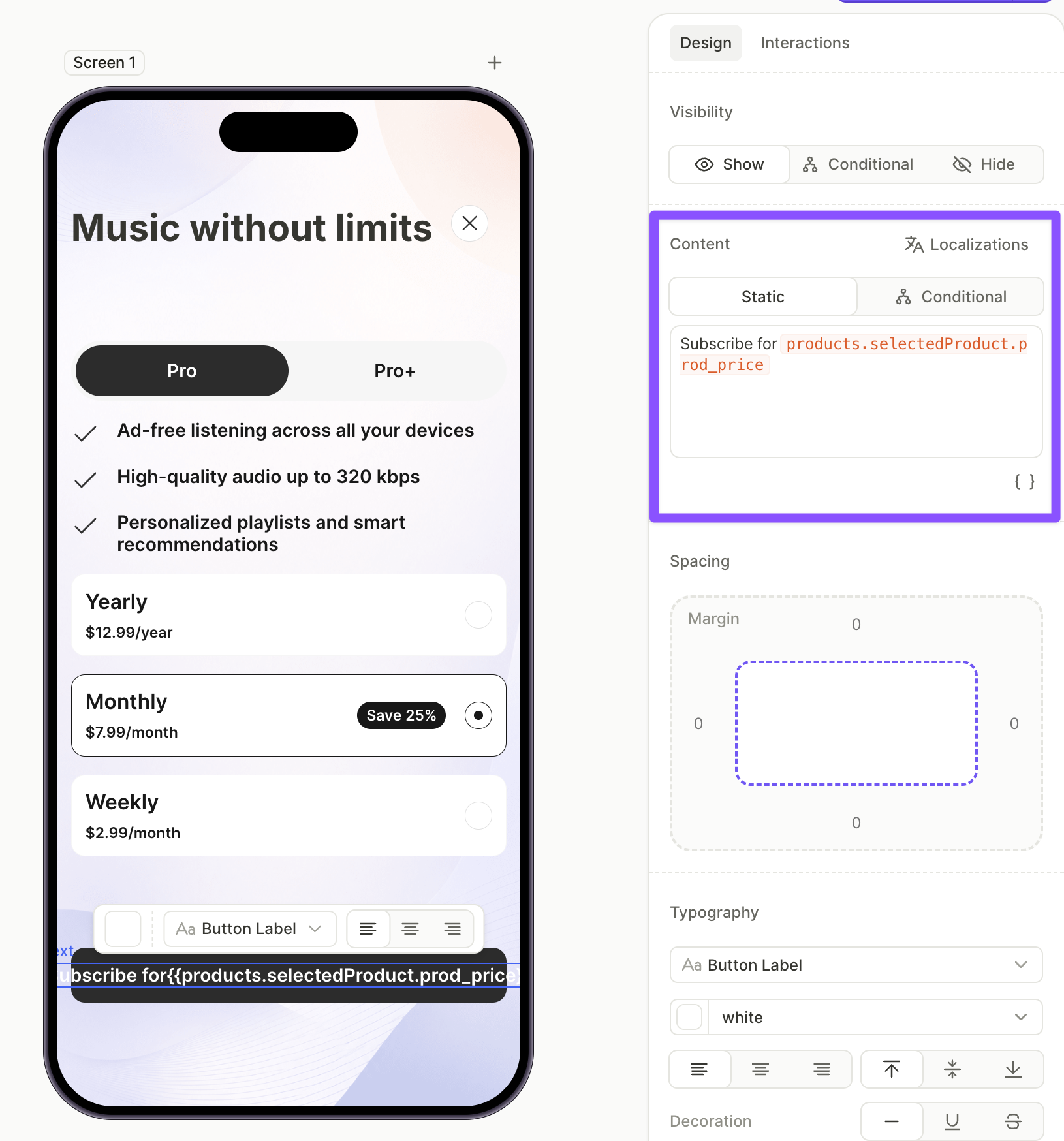 Purchase button inside the first tab with the selected product price in the label