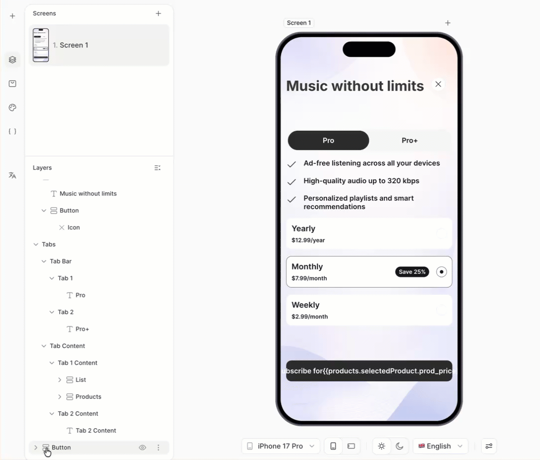 Purchase button inside the first tab with the selected product price in the label