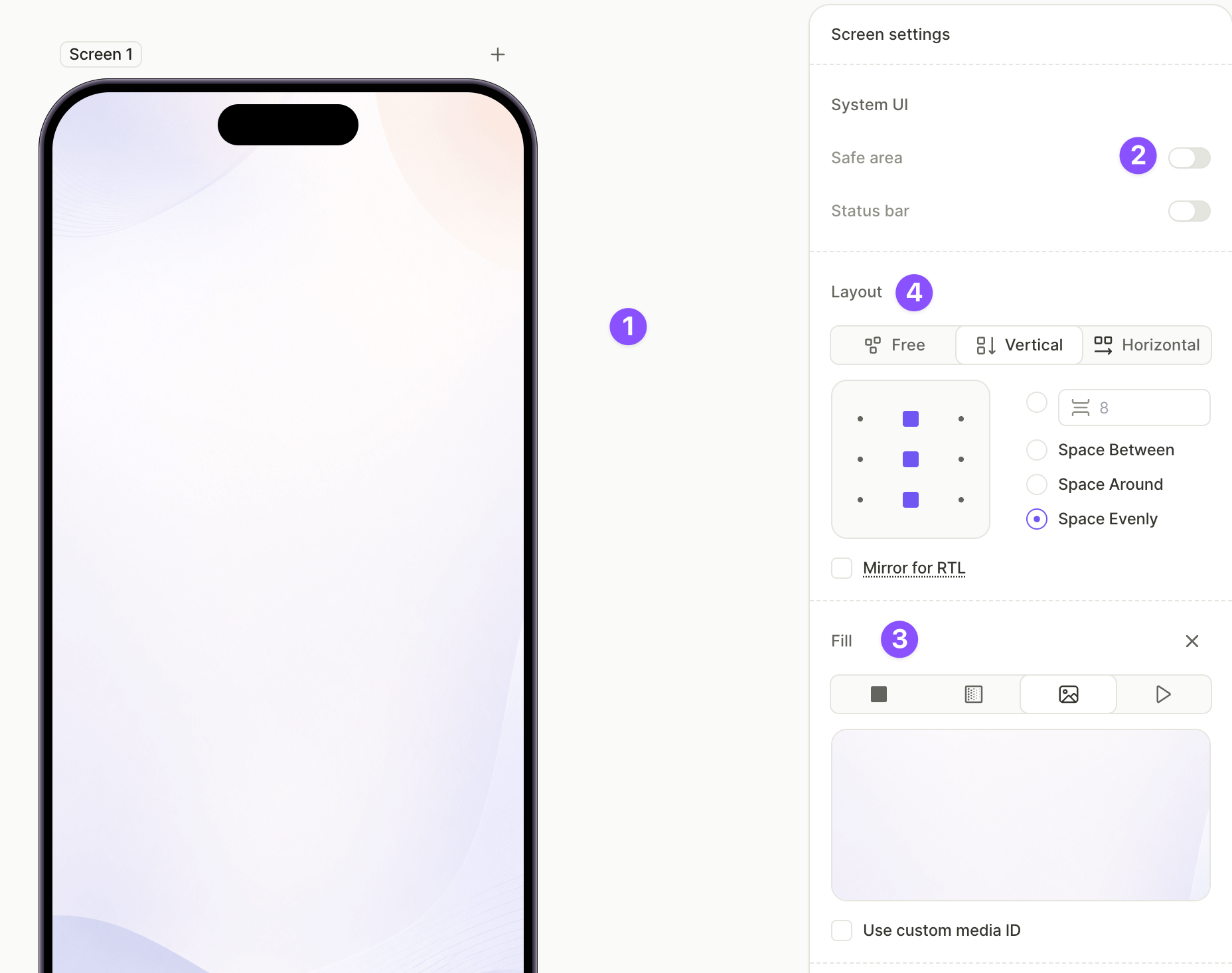 Screen settings with Image fill and a vertical layout