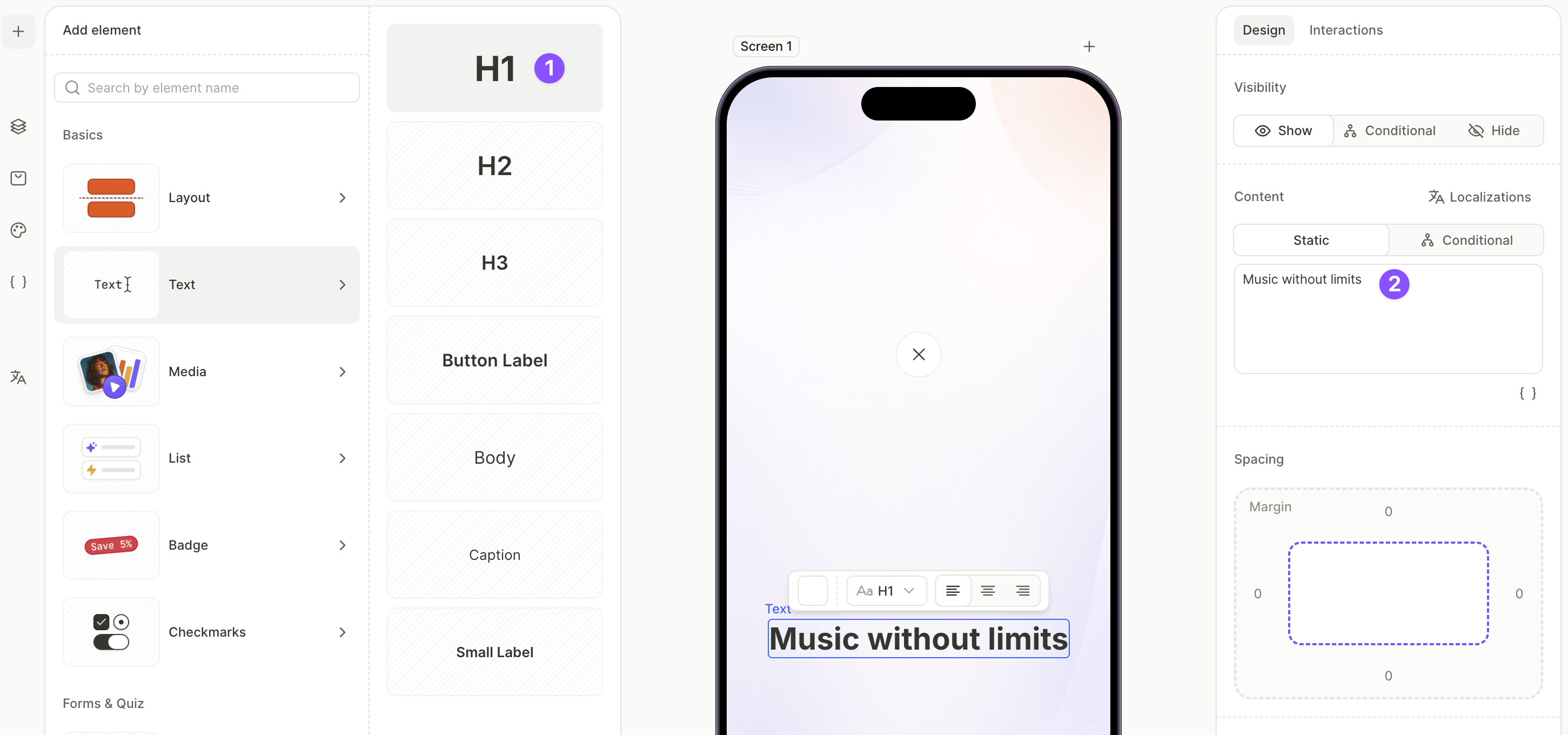 H1 added to the screen with the Content field on the right