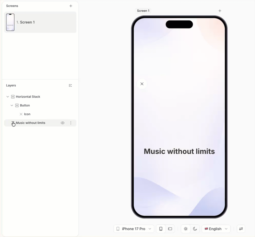 Close button and H1 grouped in a horizontal stack