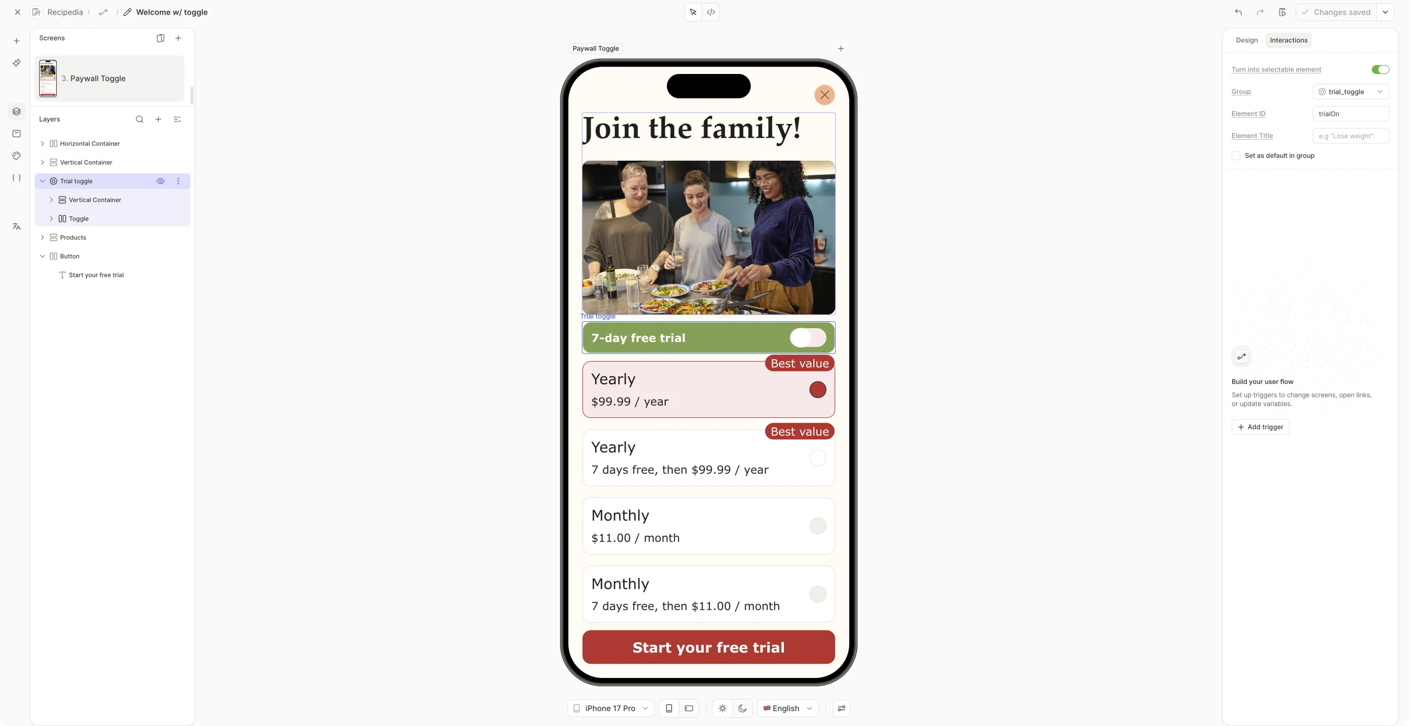 The trial toggle added to the paywall screen and selected on the canvas