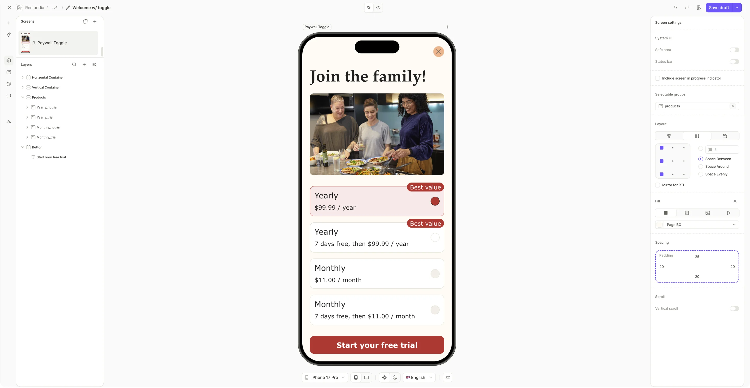 Four product cards on the canvas — yearly and monthly, each with and without the trial — all visible before any visibility rules are set