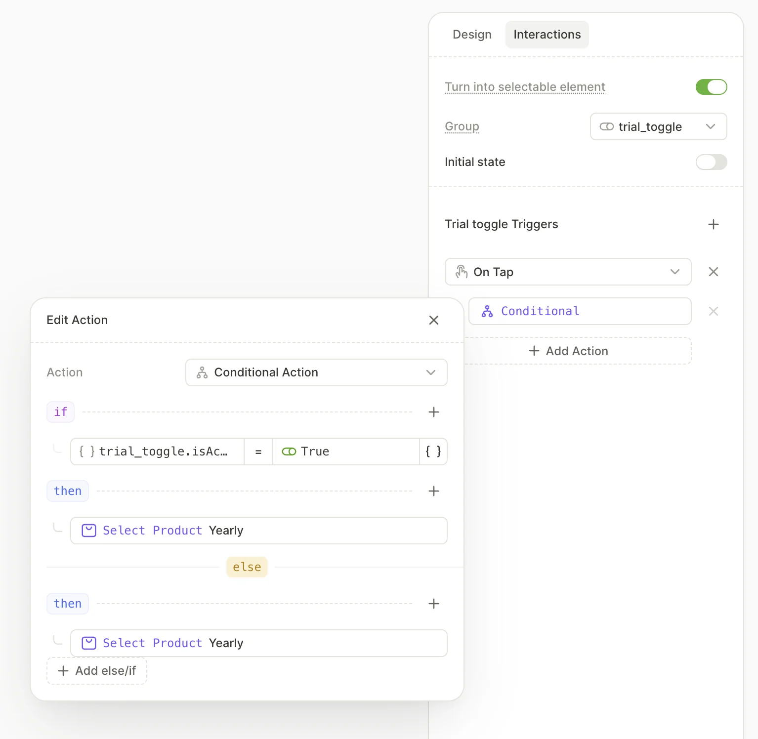 The toggle's On Tap trigger with a Conditional Action: trial_toggle.isActive Equals True selects one card, and the else branch selects the other