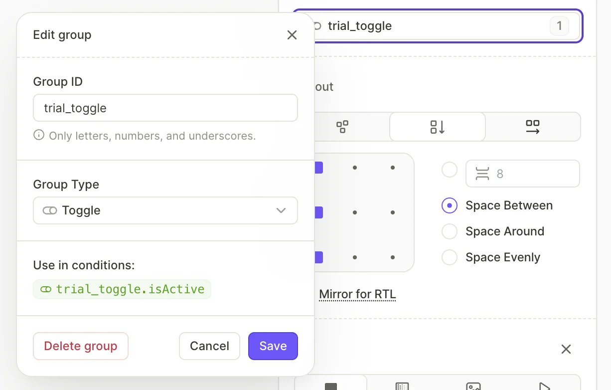 The Edit group dialog with Group Type set to Toggle and the condition variable trial_toggle.isActive below it