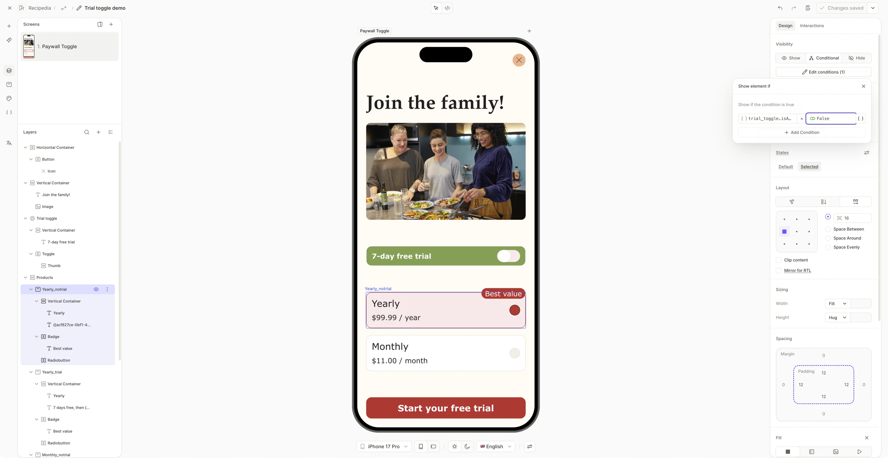 The Yearly_notrial card selected with Visibility set to Conditional and the Show element if popover showing trial_toggle.isActive Equals False