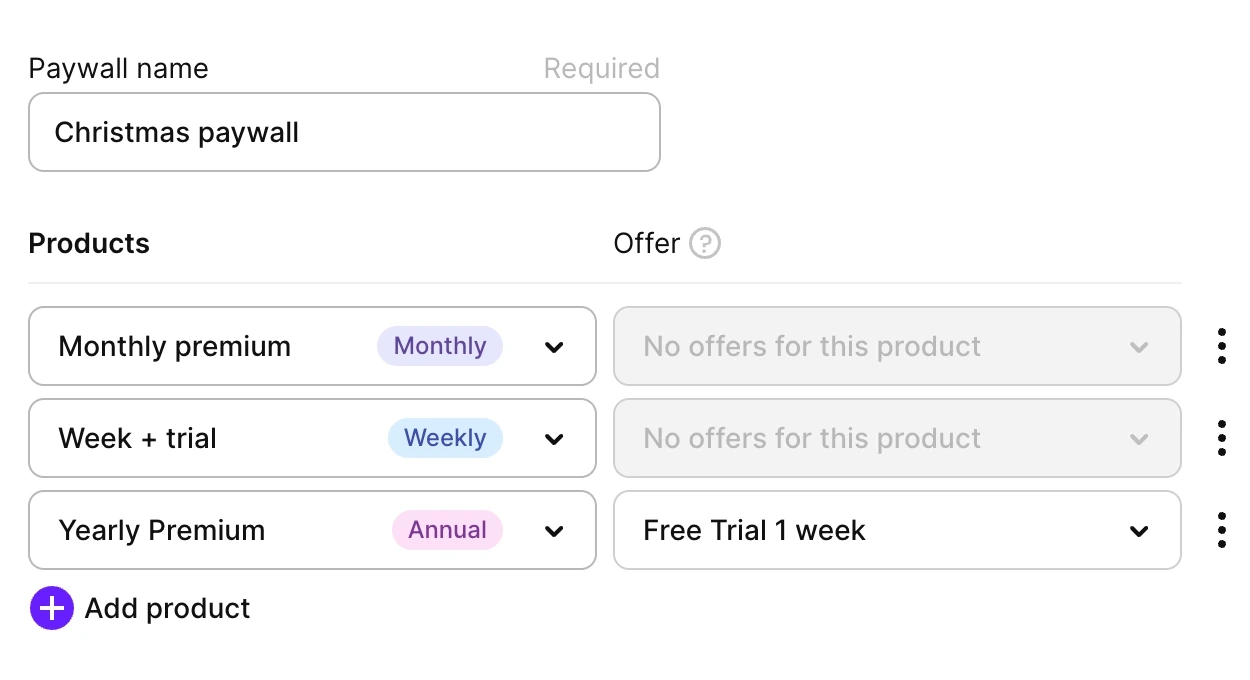La page Paywalls dans l'Adapty Dashboard. Un paywall liste les produits avec leurs offres.