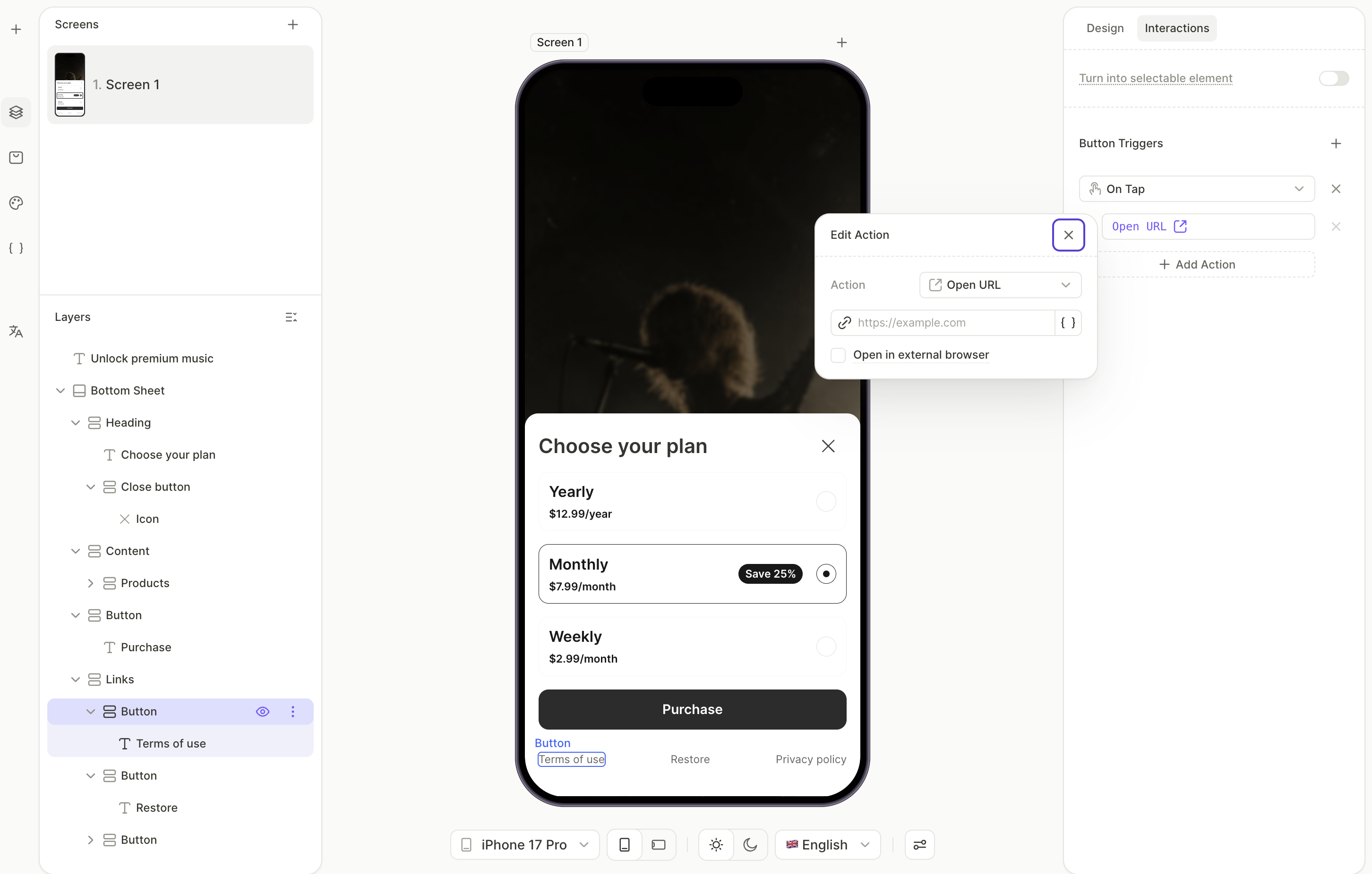 Footer links inside the bottom sheet