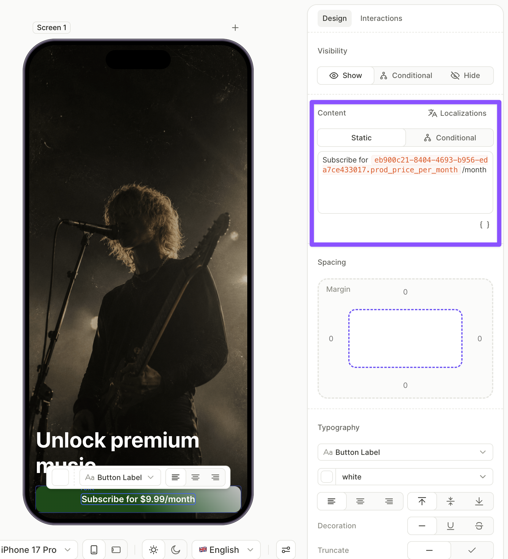 Main subscribe button with the price variable bound to the monthly product