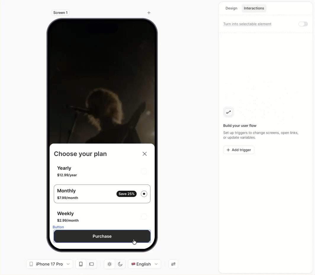 Purchase action configured on the bottom sheet's purchase button