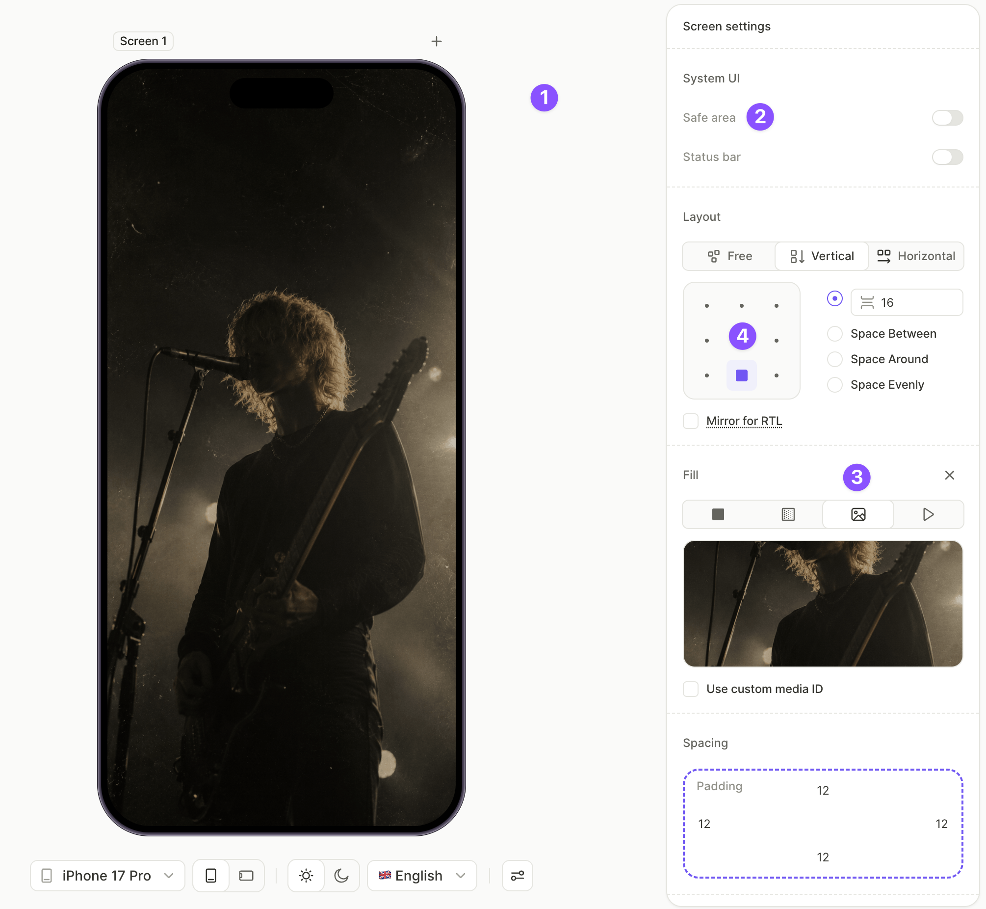 Screen settings with Image fill and Space between distribution