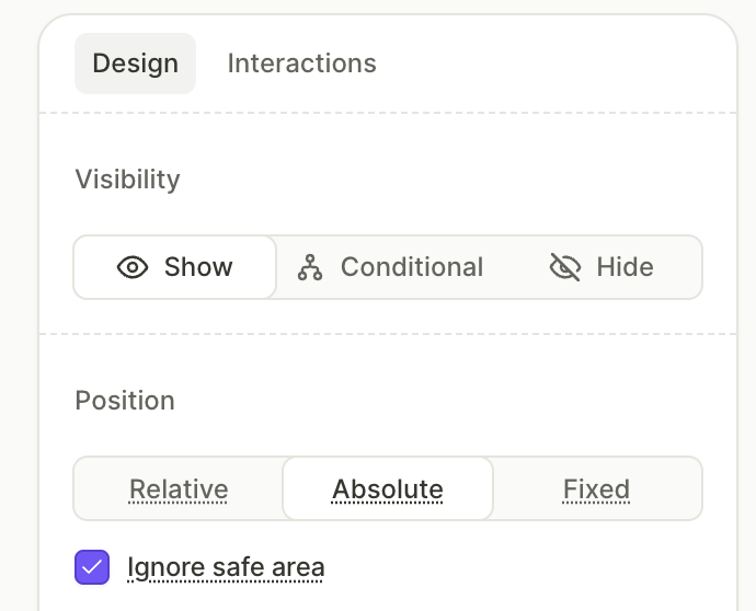 Position panel with a Fixed element selected and the Ignore safe area checkbox