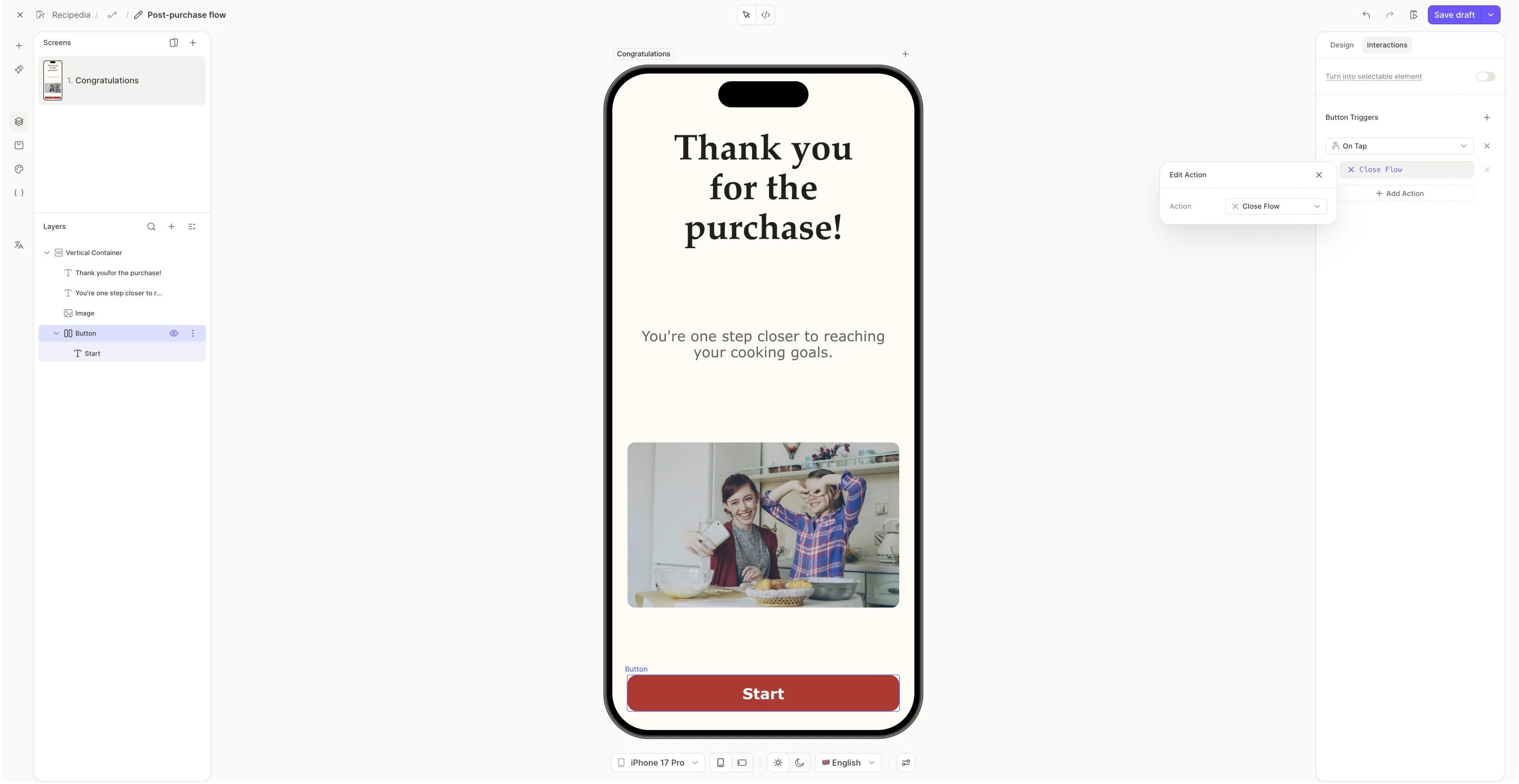 Post-purchase flow in the builder with a Thank you screen, the Start button selected, and its On Tap trigger set to the Close Flow action
