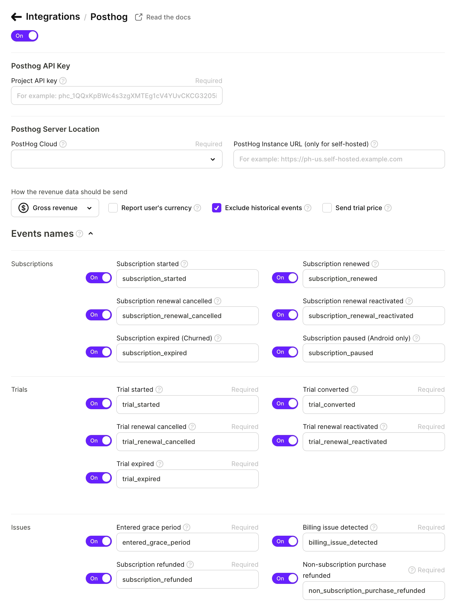 Adapty Dashboard PostHog integration page with the toggle, key, server location, revenue settings, and event names