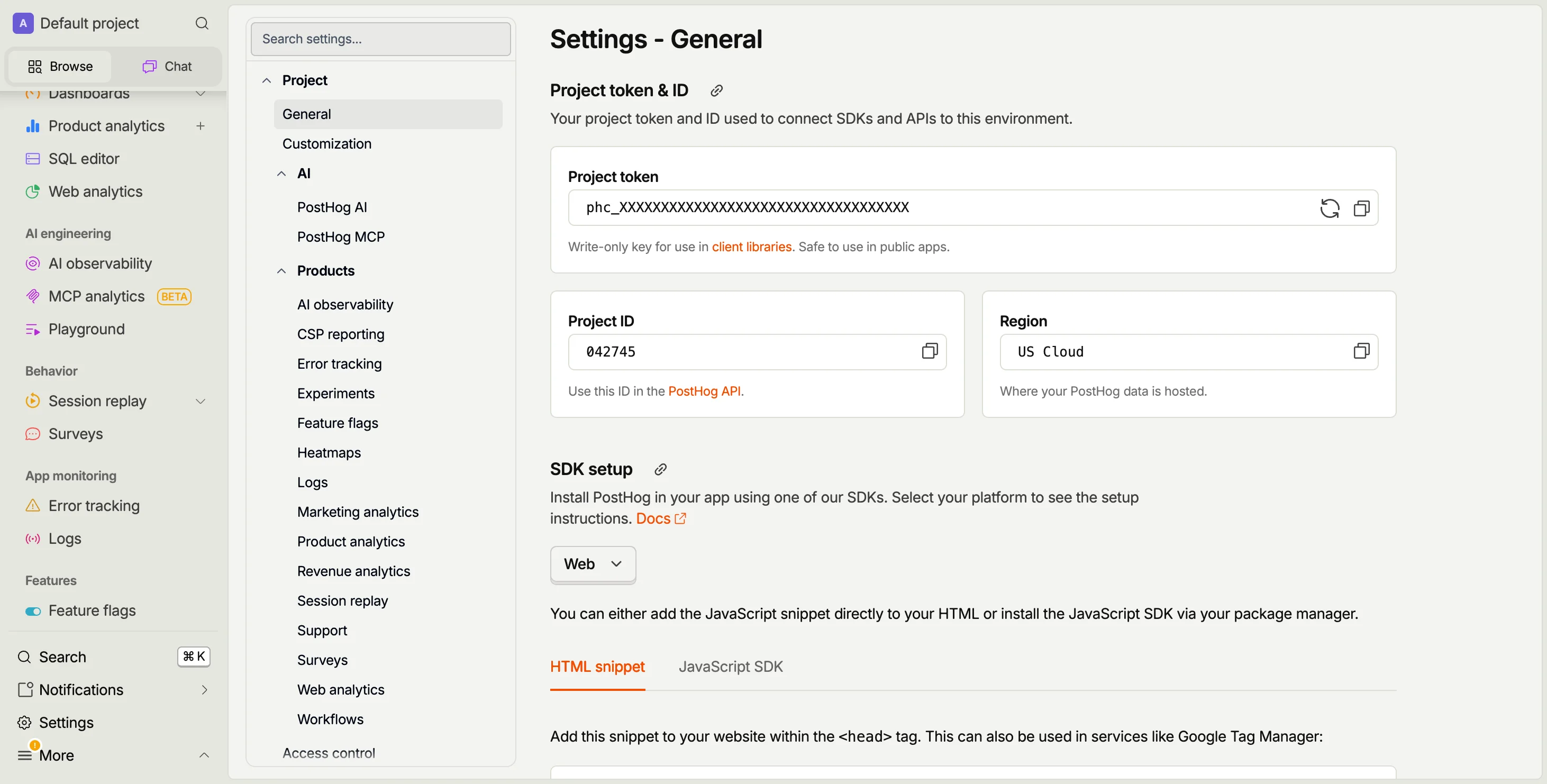 PostHog project settings showing the Project token, Project ID, and Region