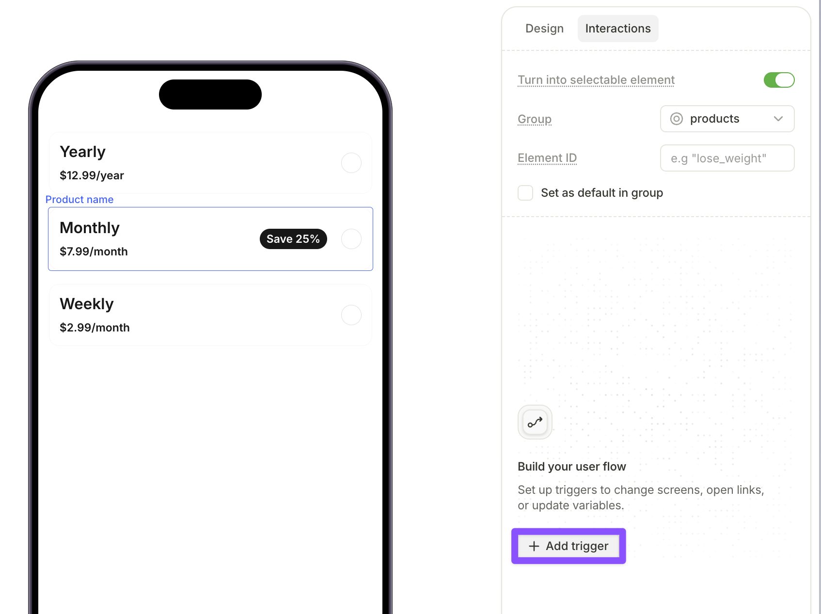 Adding a trigger to a product card