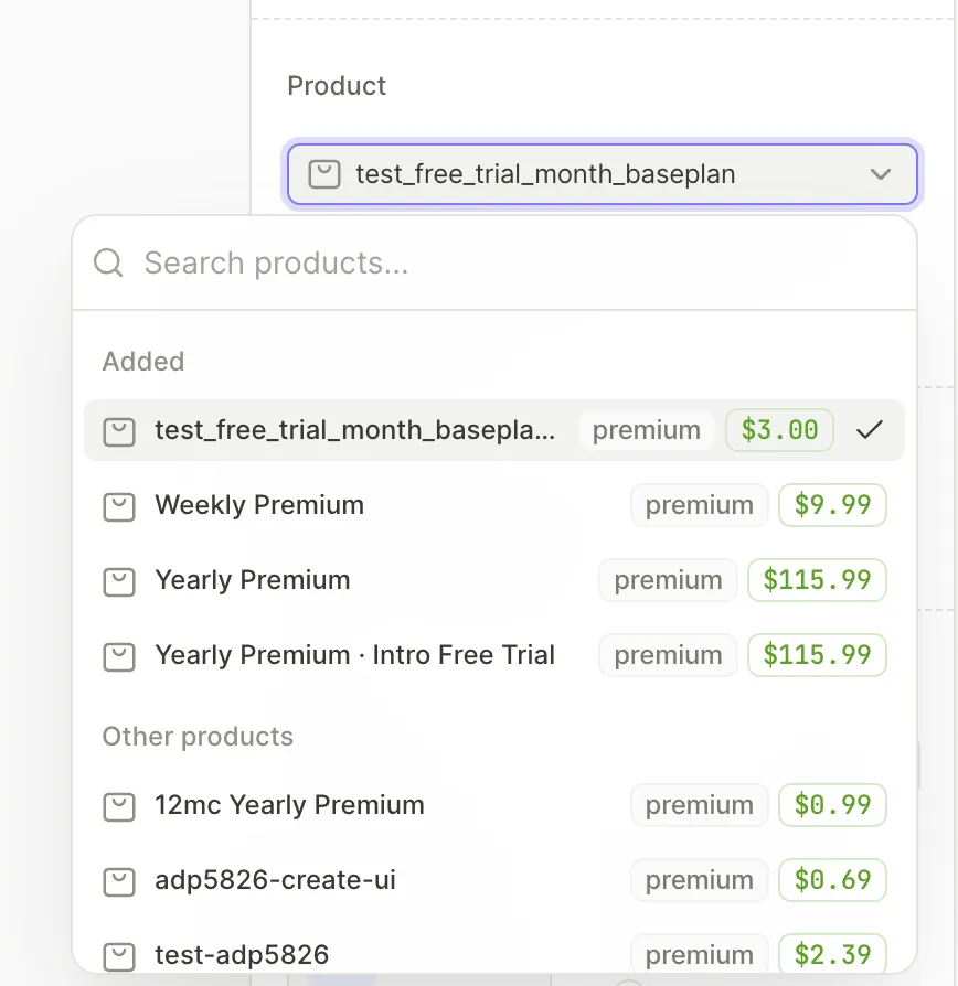 Product dropdown of a product card open, with the screen's products under Added and the rest of the catalog under Other products
