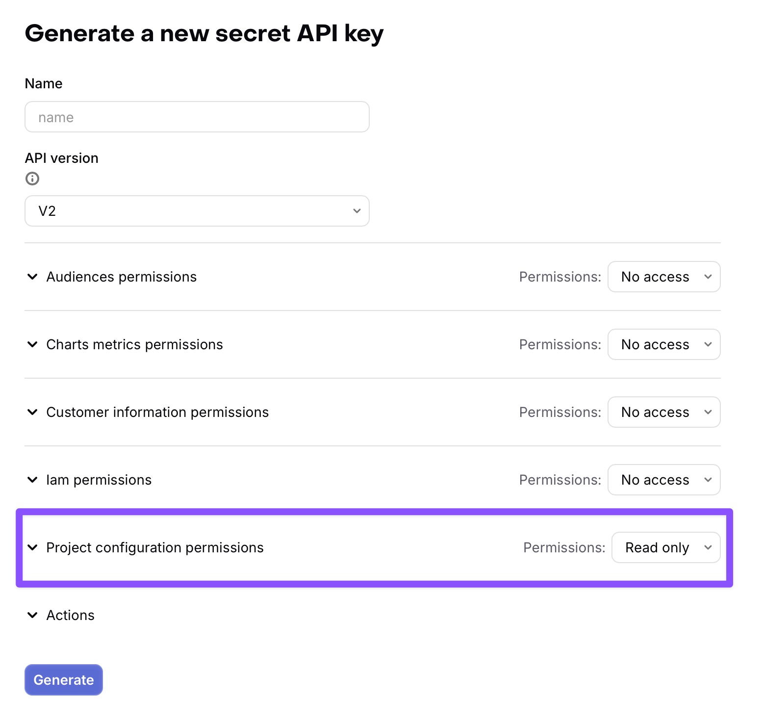 RevenueCat secret API key form with API version V2 and Project configuration permissions set to Read only