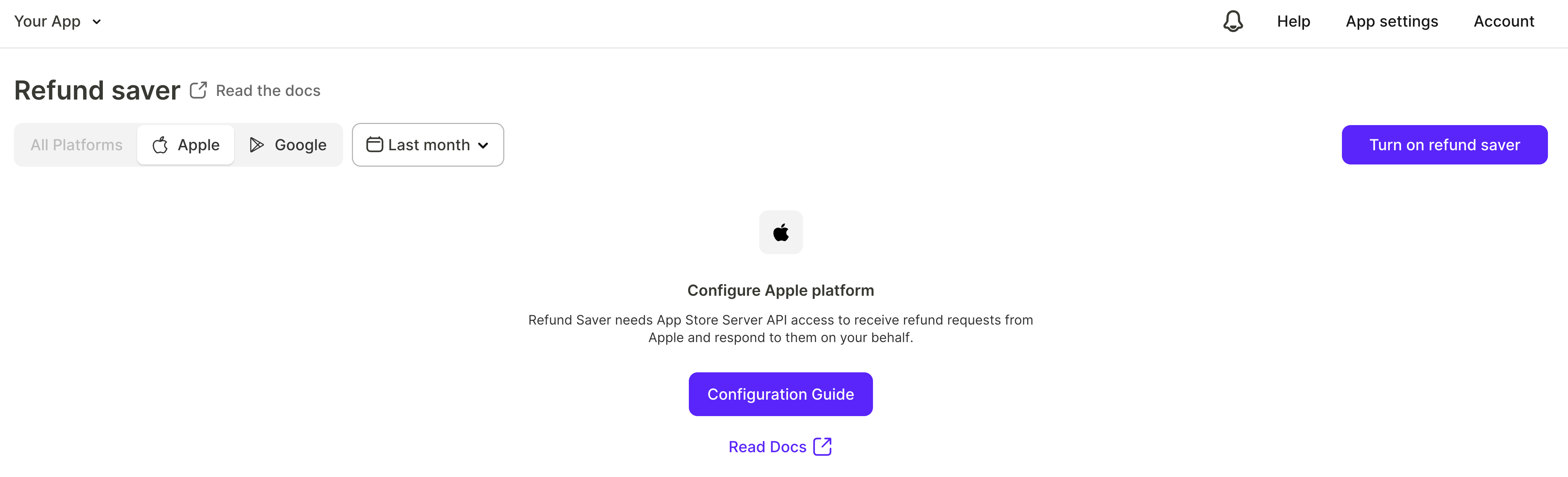Refund Saver section with the Apple tab selected, showing the Configure Apple platform prompt and the Turn on refund saver button