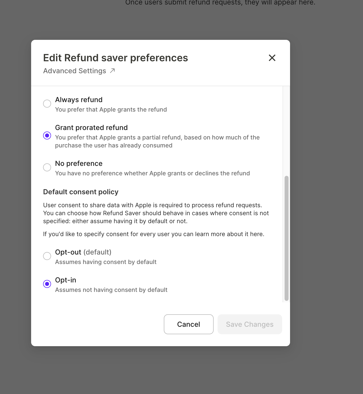 Default consent policy setting on the Apple tab of the Edit Refund saver preferences window