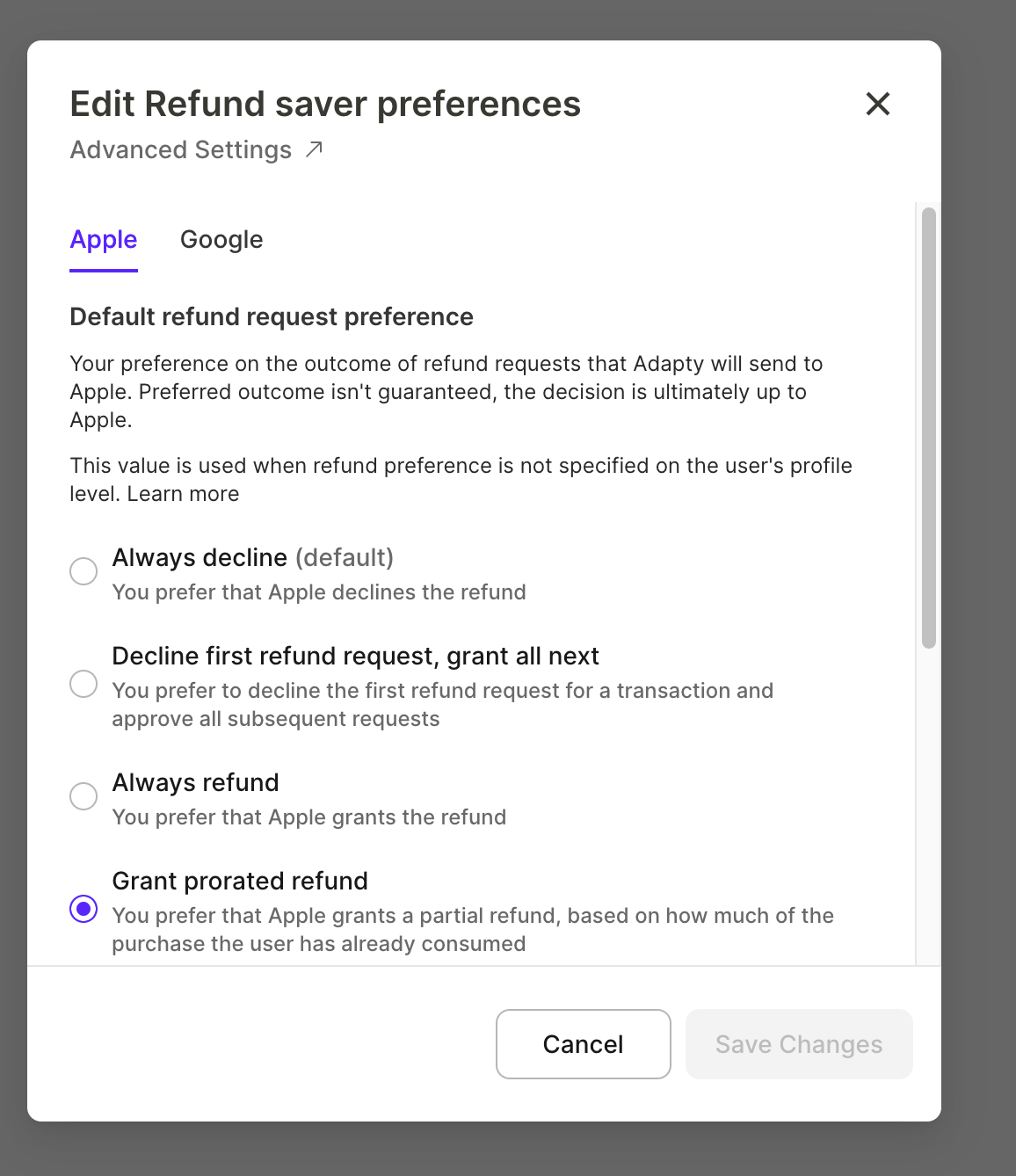 Apple tab of the Edit Refund saver preferences window with the list of refund request preferences