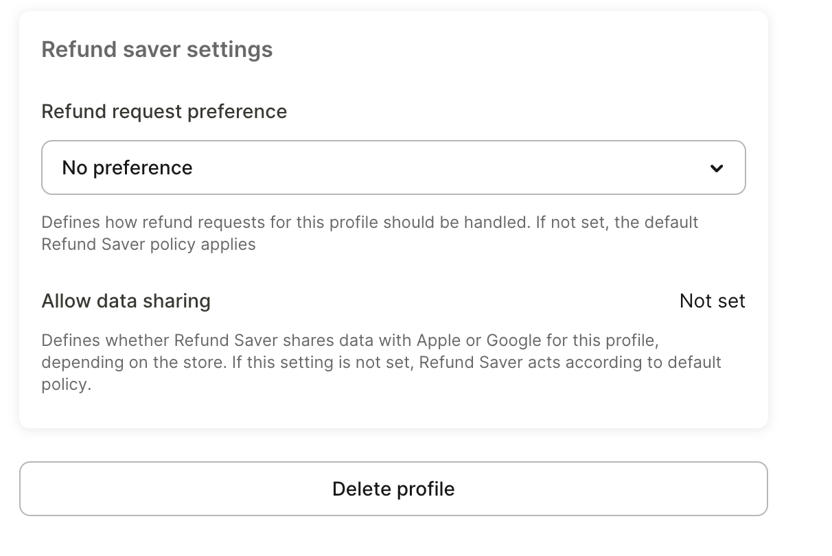 Refund saver settings card on a user's profile in the Dashboard