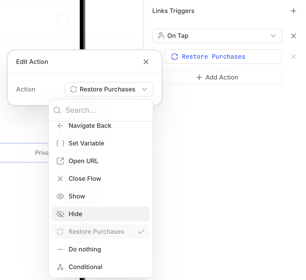 Restore purchases action in the Interactions tab
