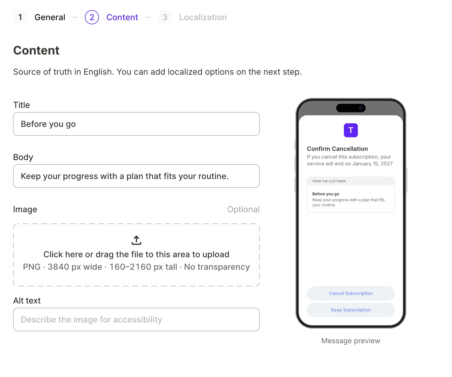 Content step with title, body, and image fields, and a phone preview of the Cancel Subscription screen