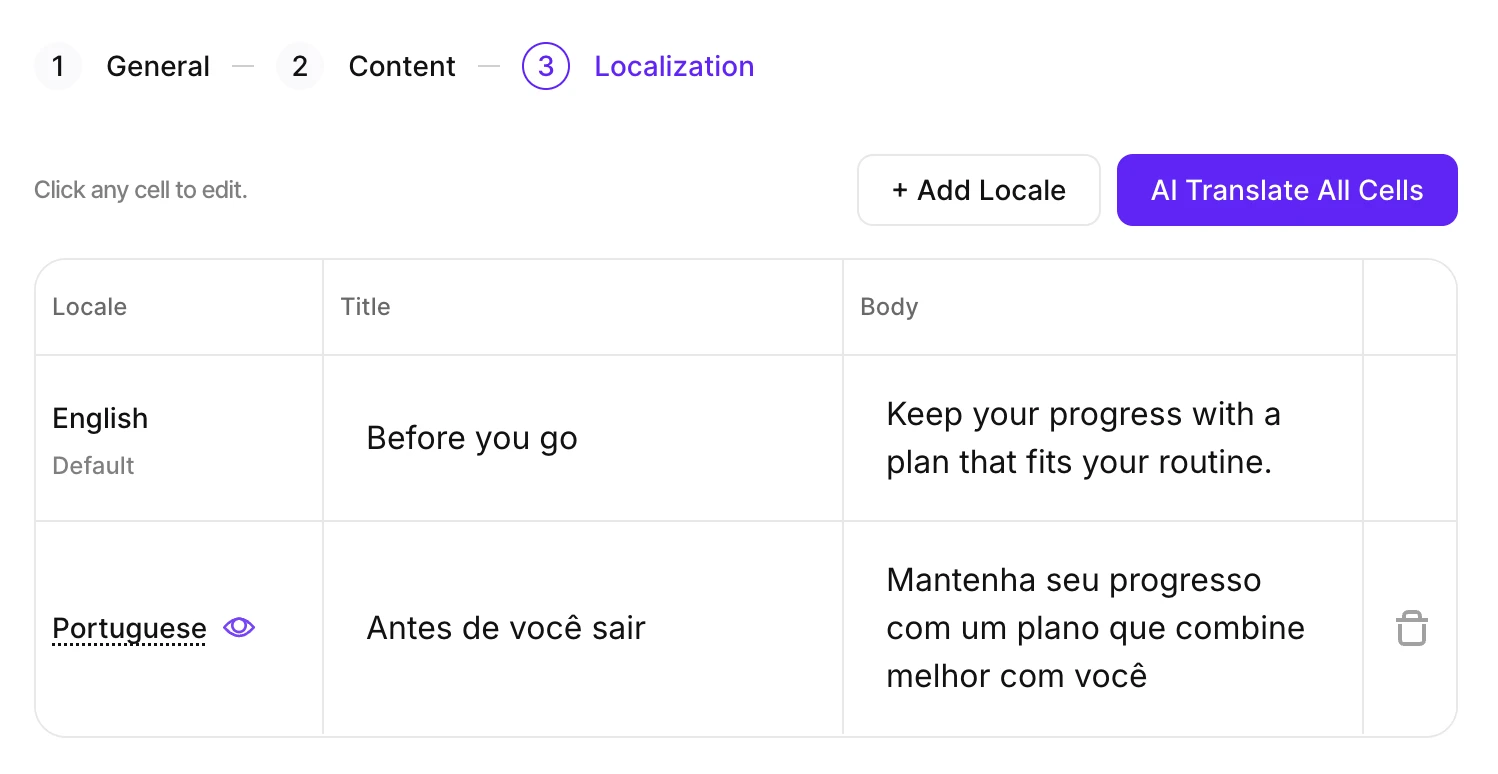 Localization step with the locale table and the AI Translate All Cells button