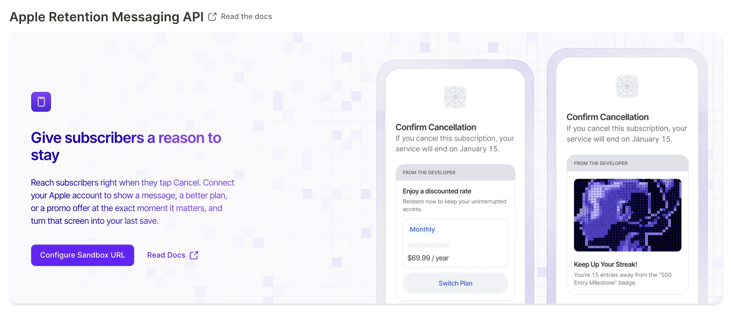 Retention Messaging page in the Adapty Dashboard with the messages table and Create Default and Create Message buttons