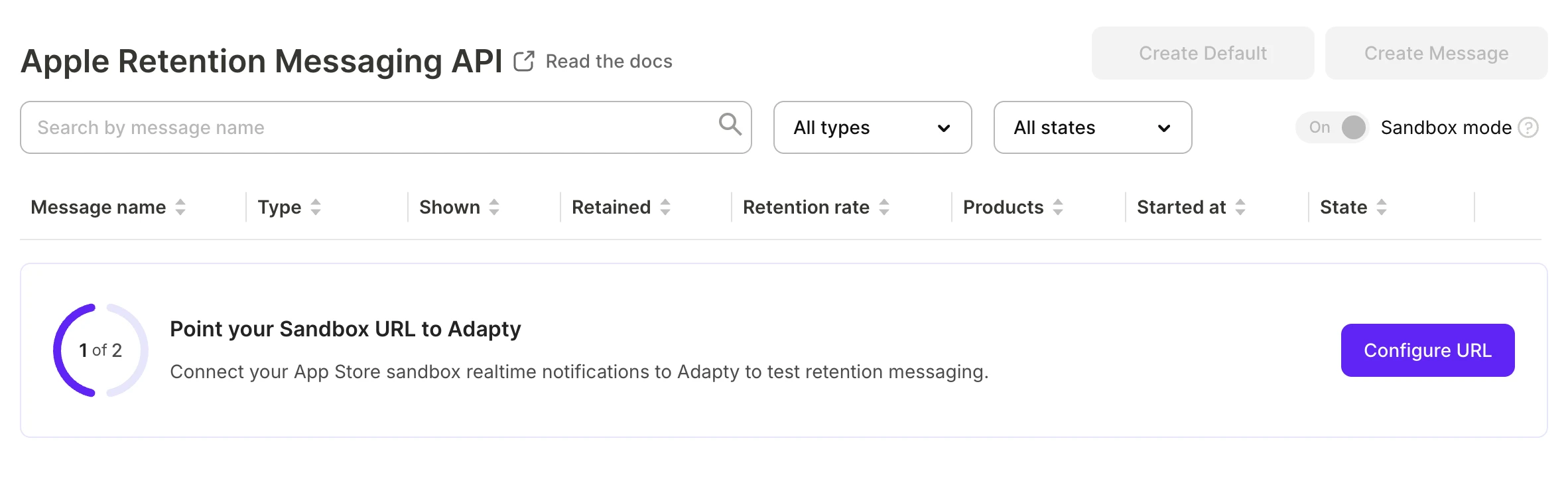 Sandbox setup card with the Point your Sandbox URL to Adapty step and the Configure URL button