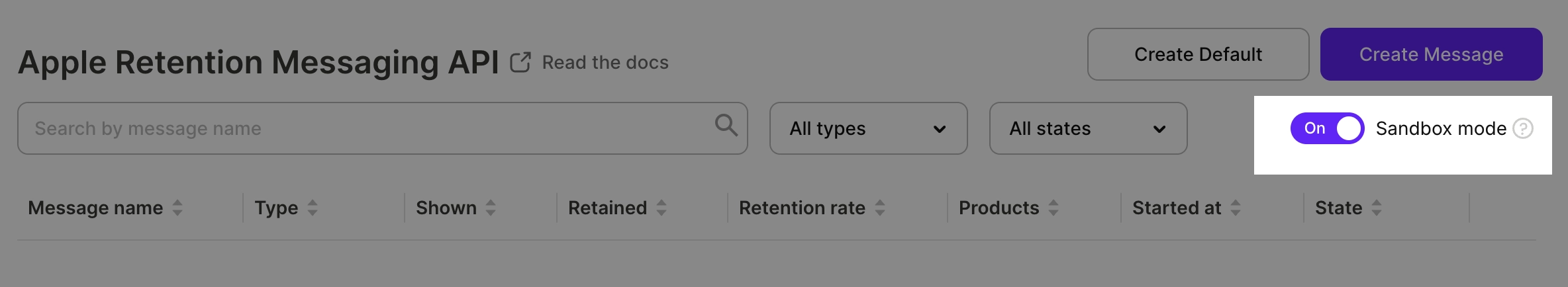 The Sandbox mode toggle above the messages table