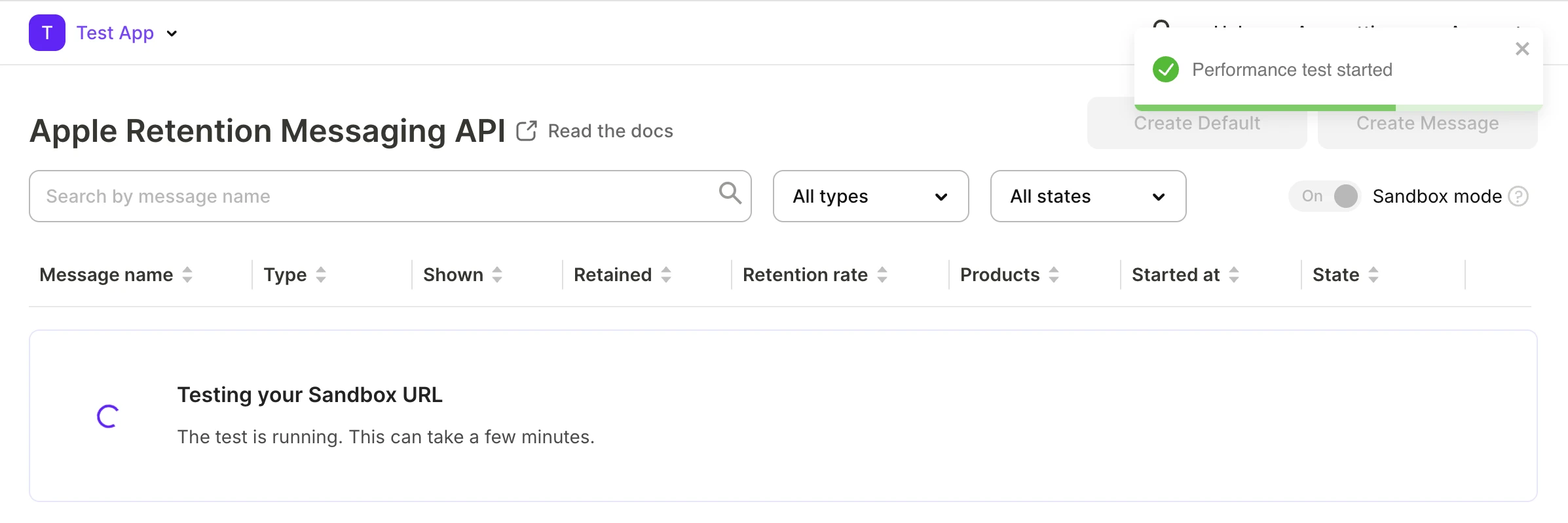 Sandbox URL performance test running in the dashboard
