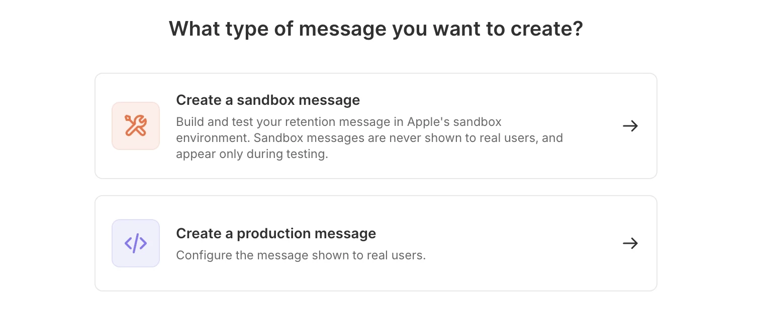 New message start screen with Create a sandbox message and Create a production message options