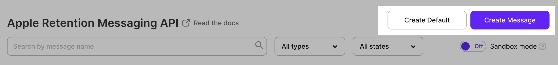 The Create Default and Create Message buttons in the Retention Messaging page header