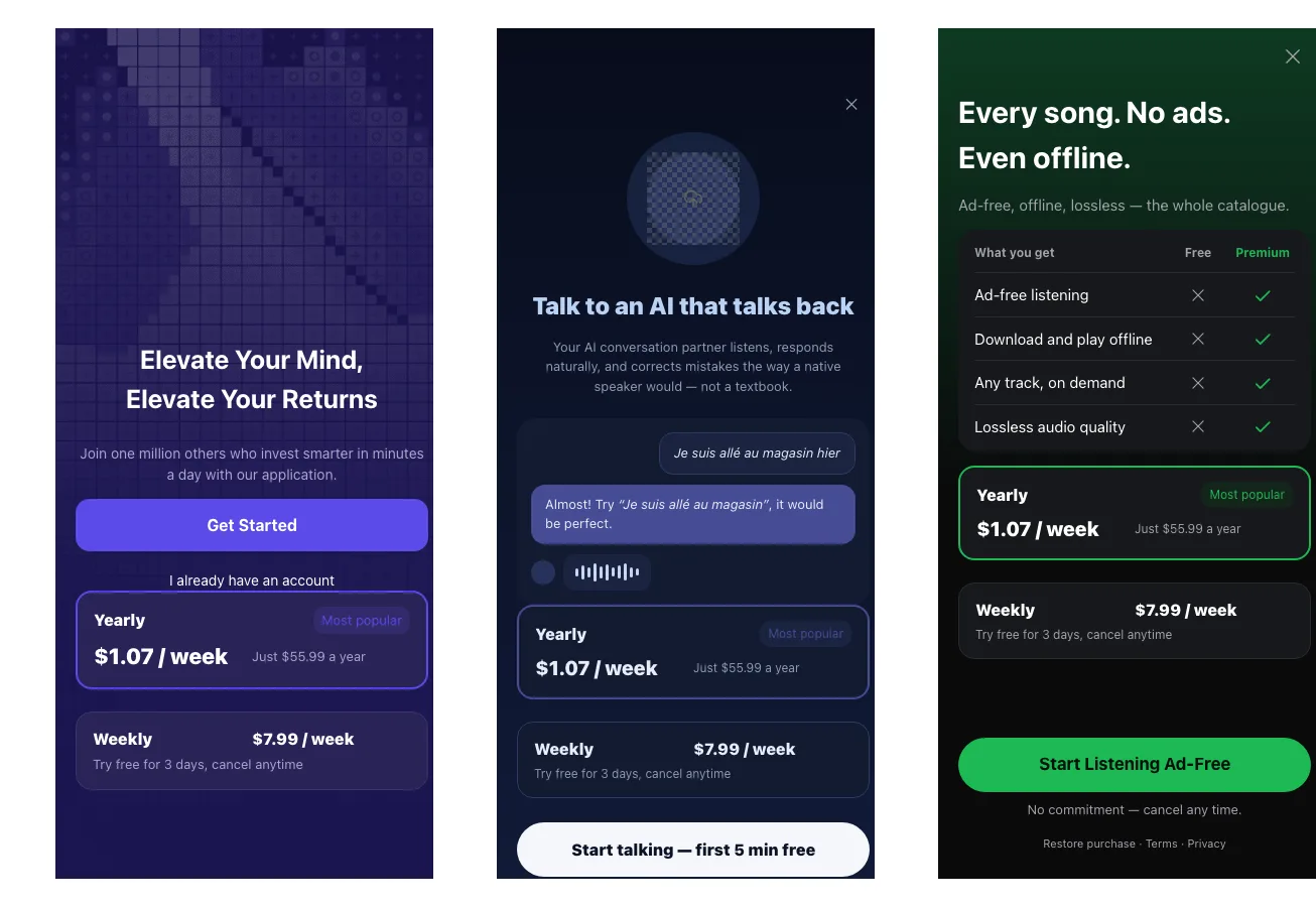 The same two-plan selection on three paywalls, in purple, navy, and green