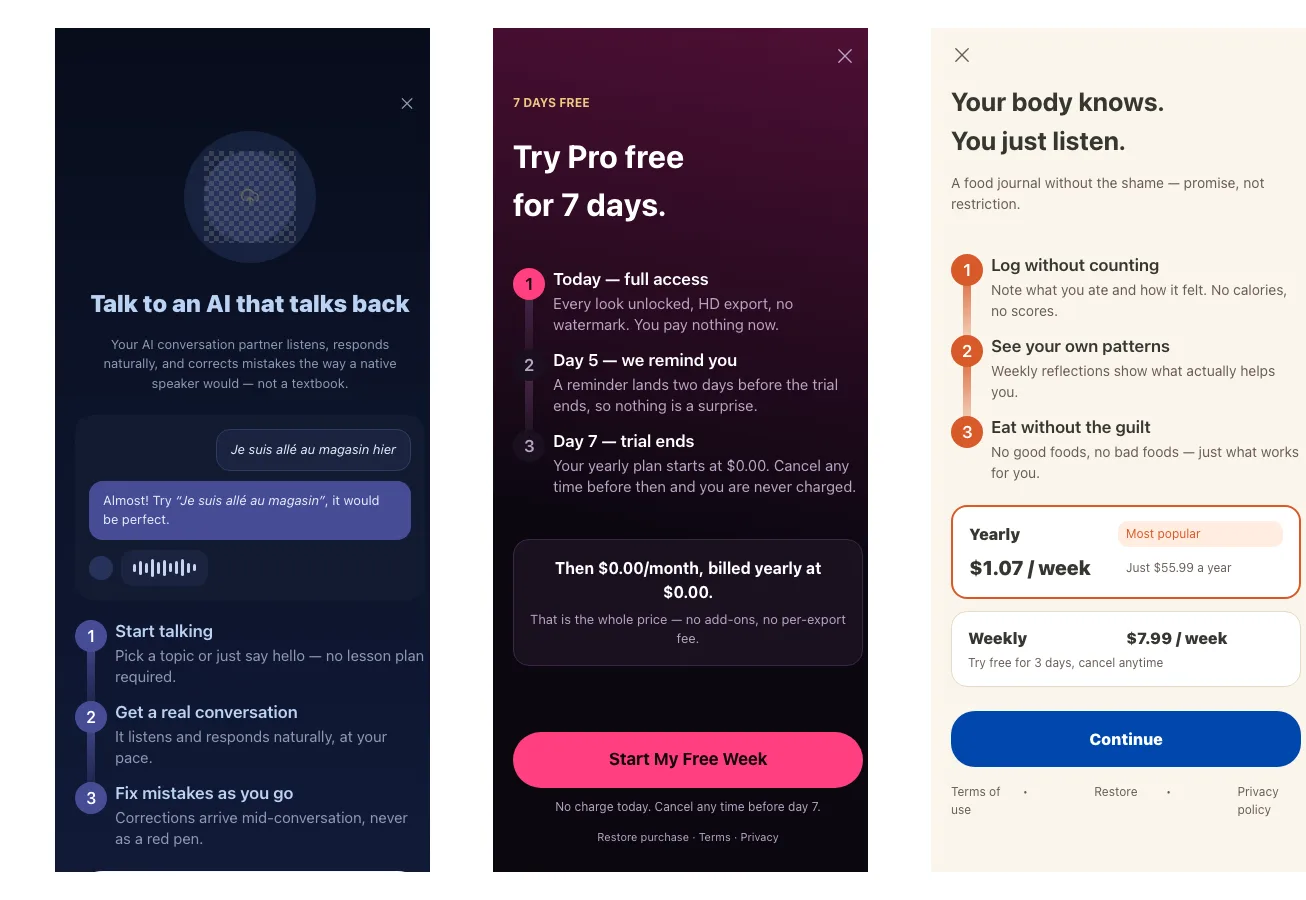 The same three-step timeline on three paywalls, with different copy and chip colors