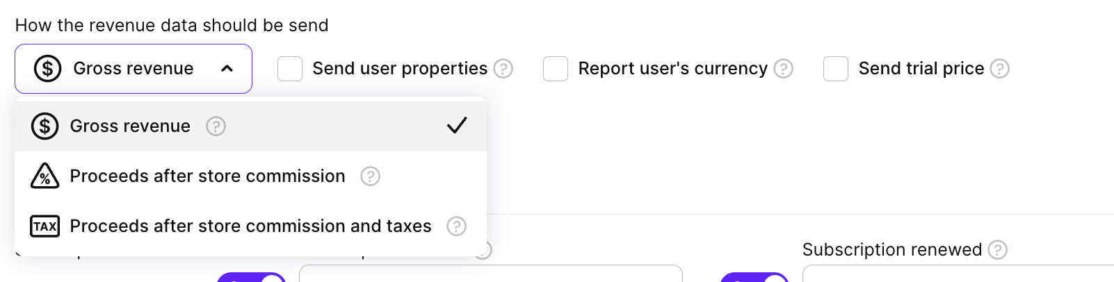 Firebase integration revenue data row with the four controls