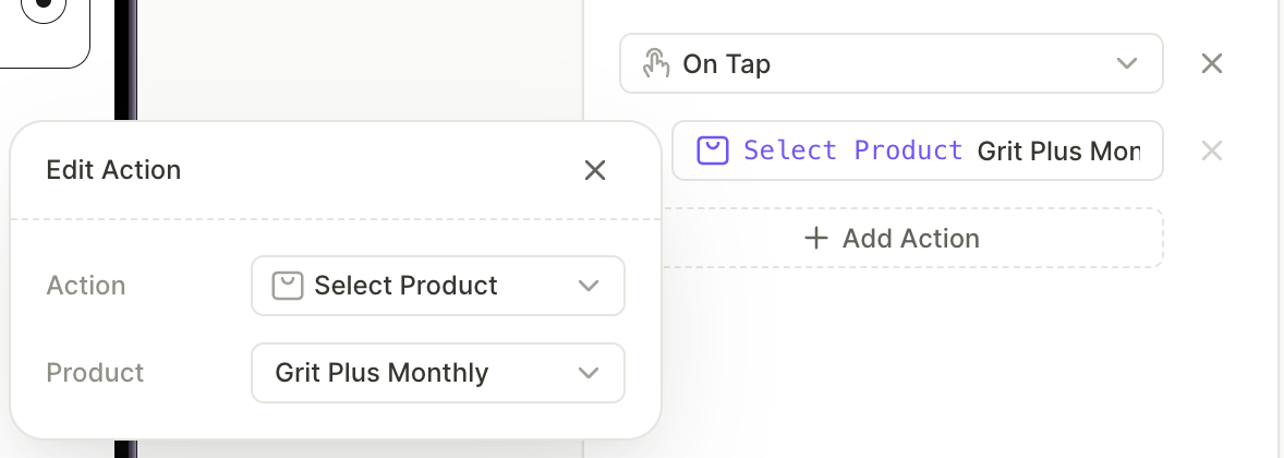 Select product action in the Edit action window with the Product picker listing product cards