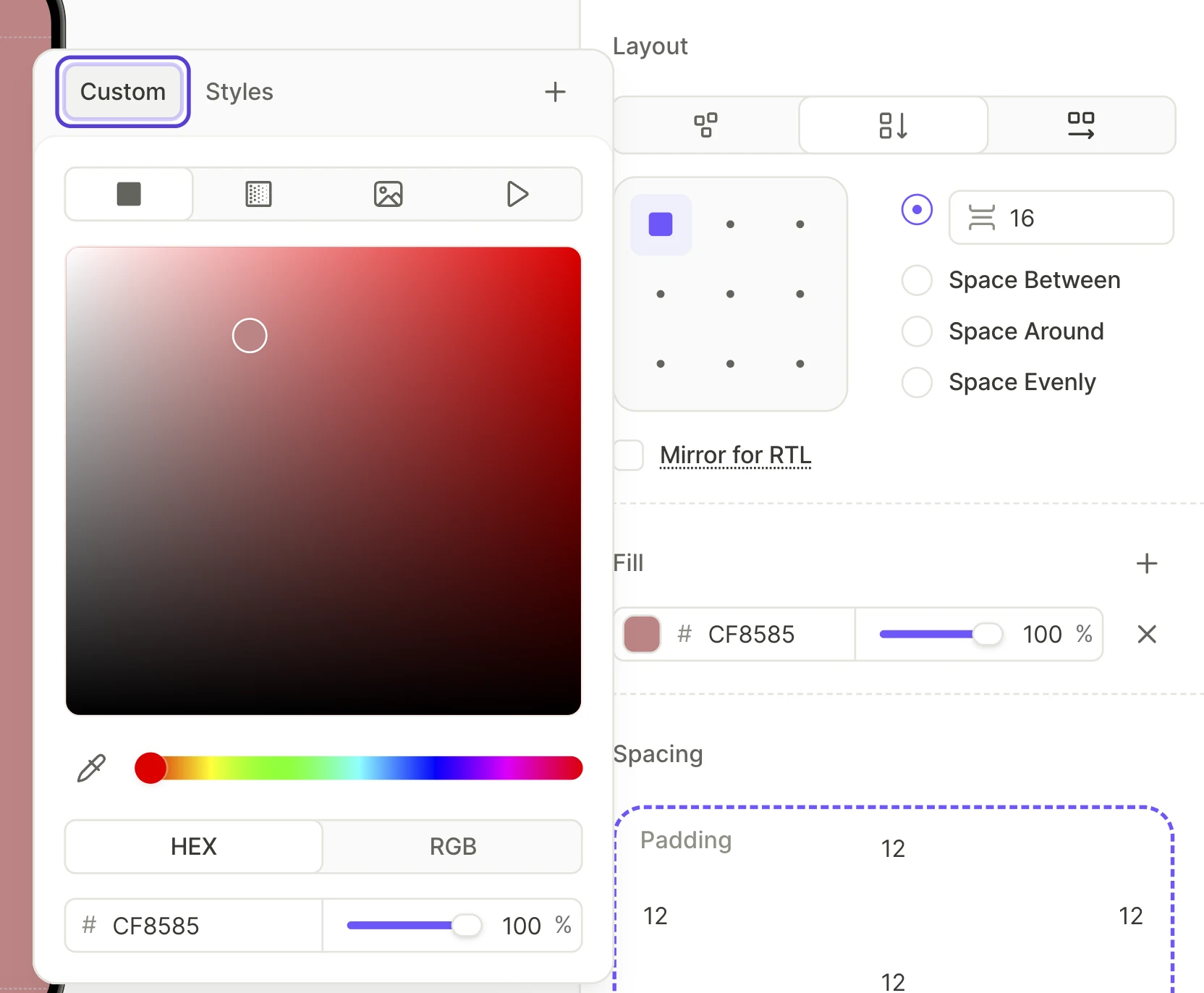 Screen settings with one solid color layer in the Fill section, and the color picker on the Custom tab