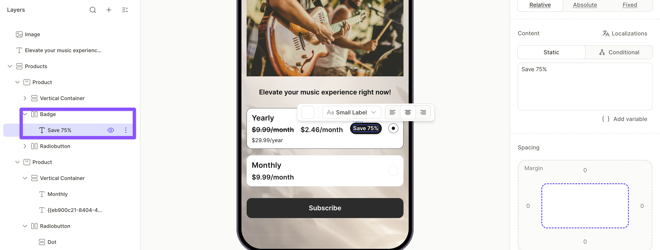 Badge with Save 75% text placed between the price column and the radio button in the yearly product card