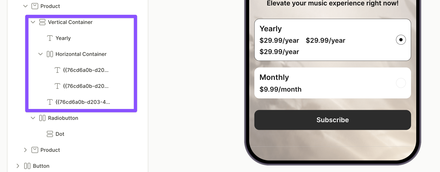 Layers panel with the top price text wrapped in a horizontal container and duplicated