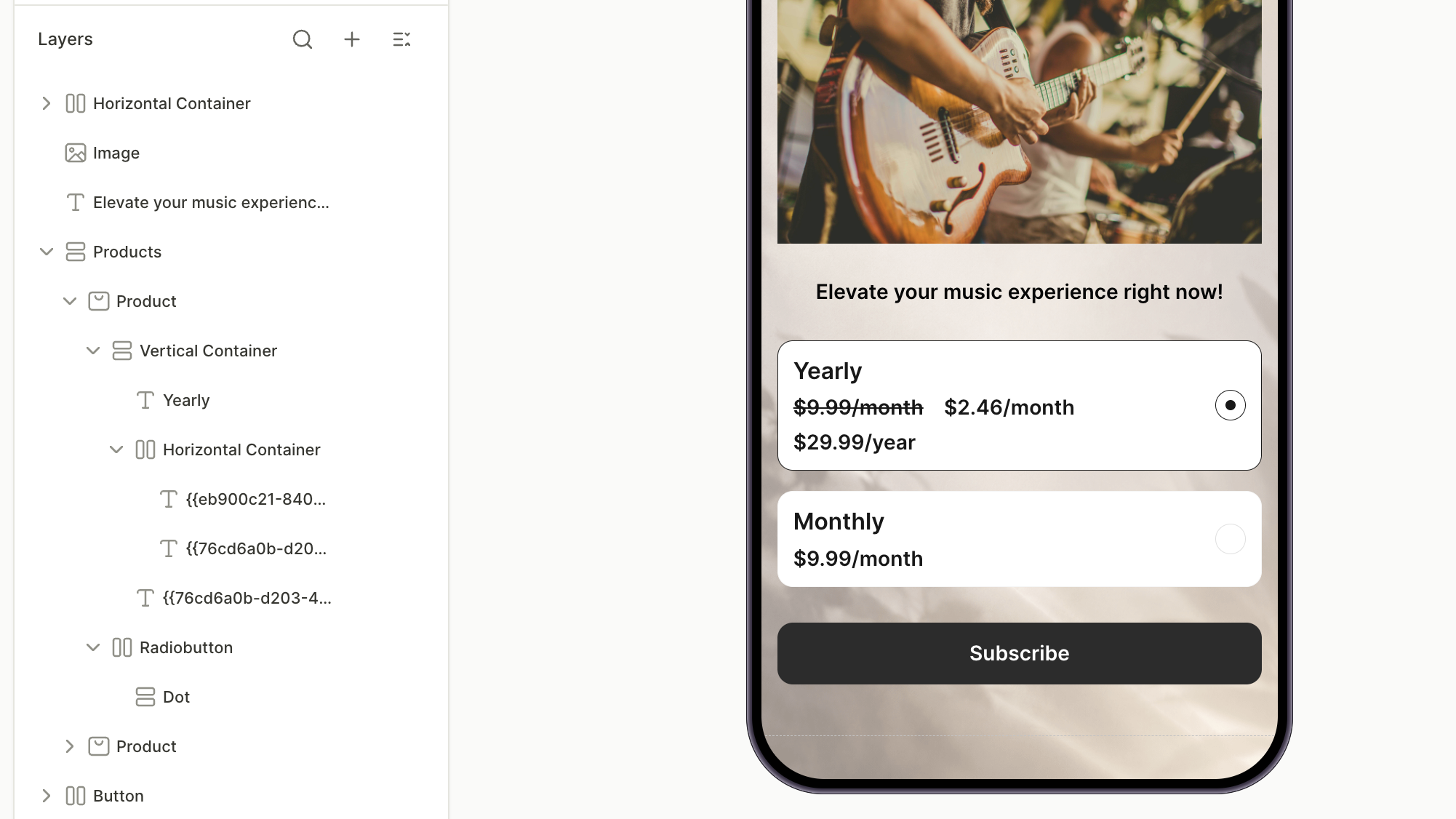 Two price texts side by side with the monthly product's price struck through and the yearly per-month price next to it