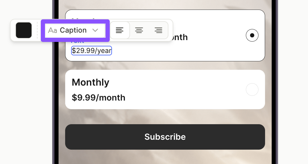 Yearly price text selected on the canvas with the Caption style picked in the floating toolbar