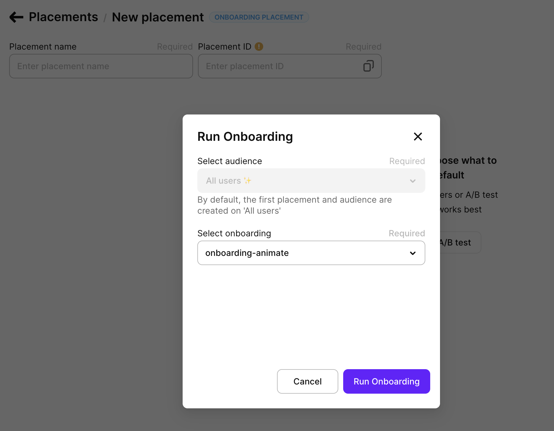 Placement with the default onboarding selected in the Adapty Dashboard
