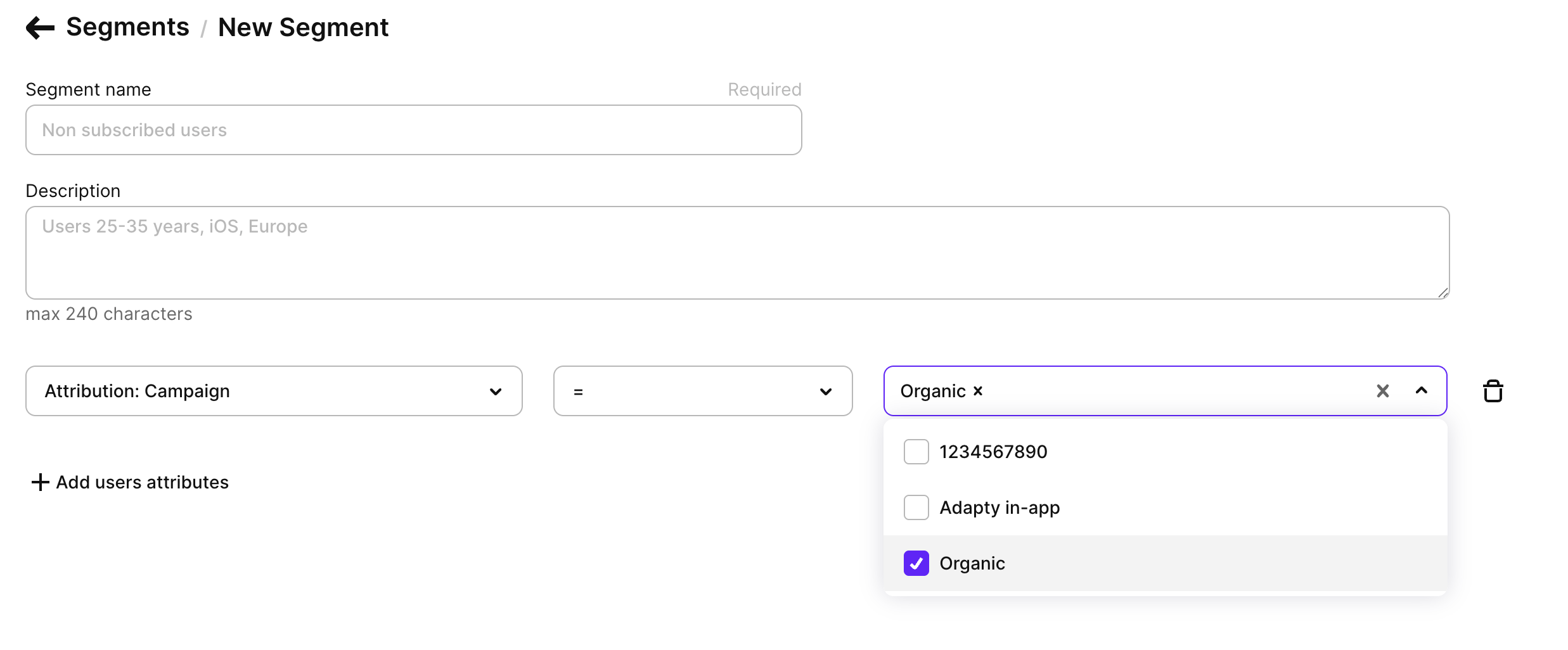 Segment configured with a custom attribute filter in the Adapty Dashboard