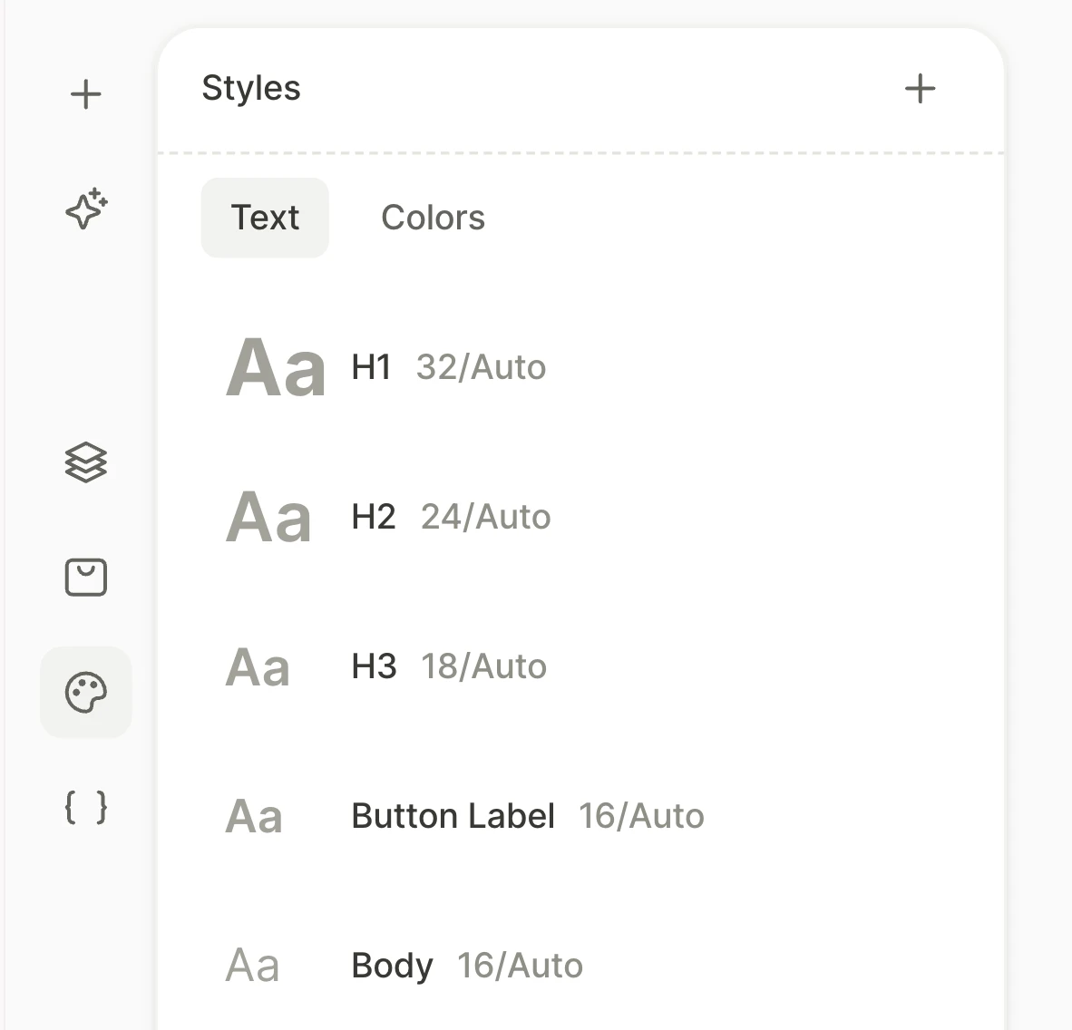 The Text tab of the Styles panel with the default text styles H1, H2, H3, Button Label, and Body