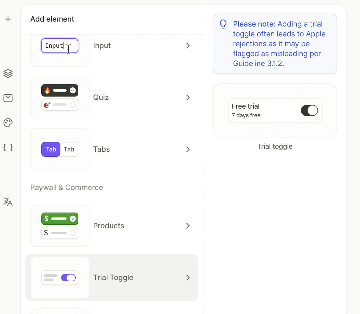 Trial toggle element in the Flow Builder