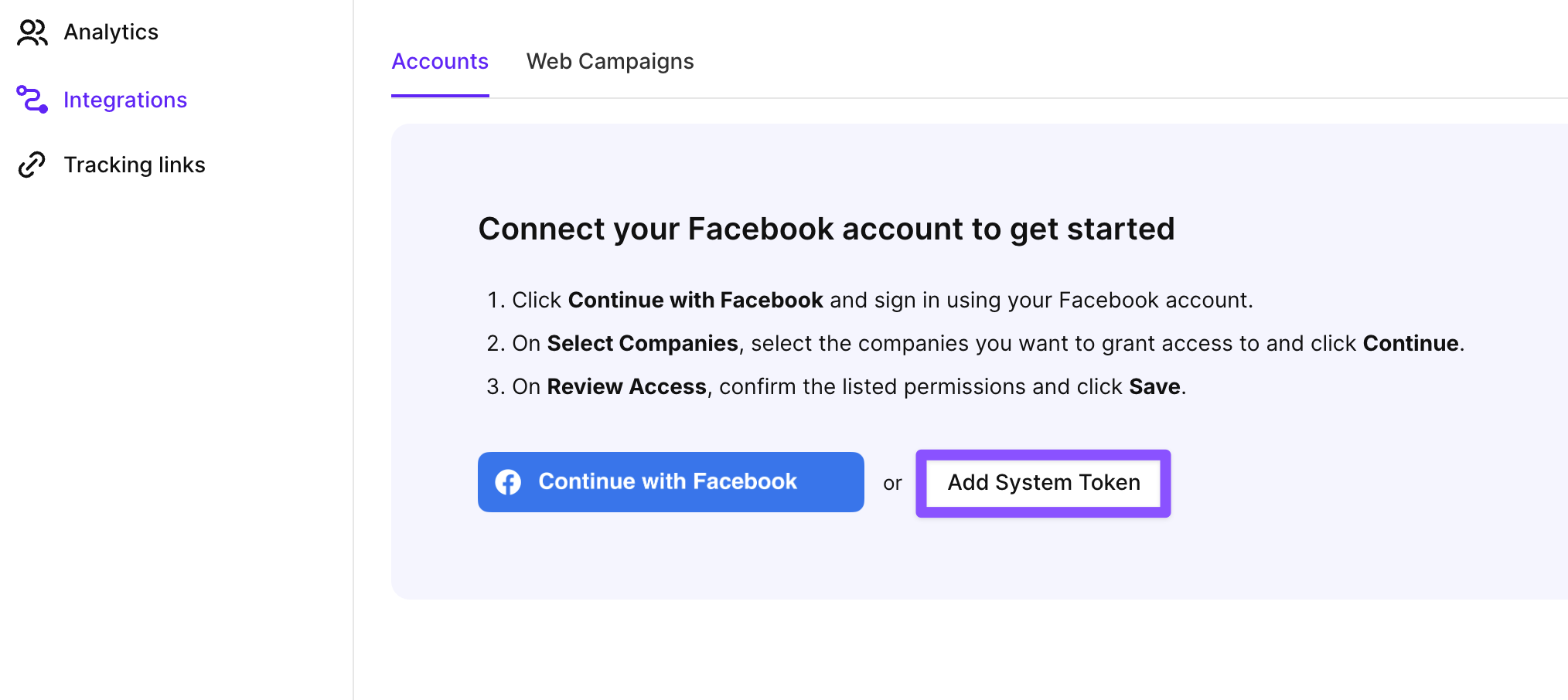 Add system token button on the Meta integration page in Adapty UA