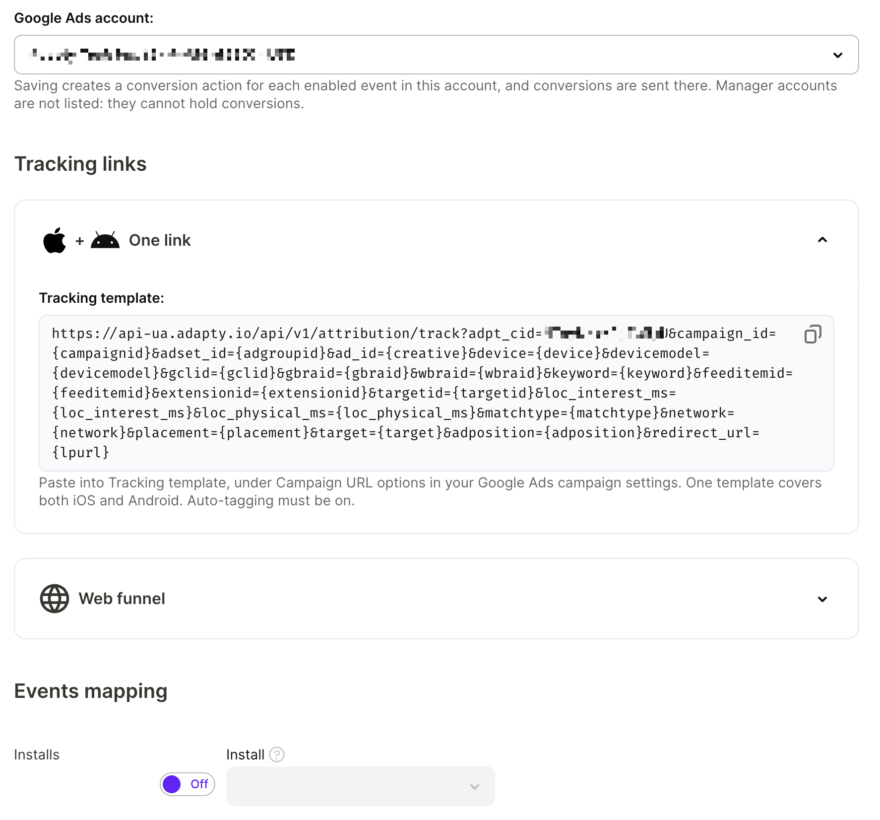 Google Ads account dropdown in an Other campaigns configuration, with the tracking template below it